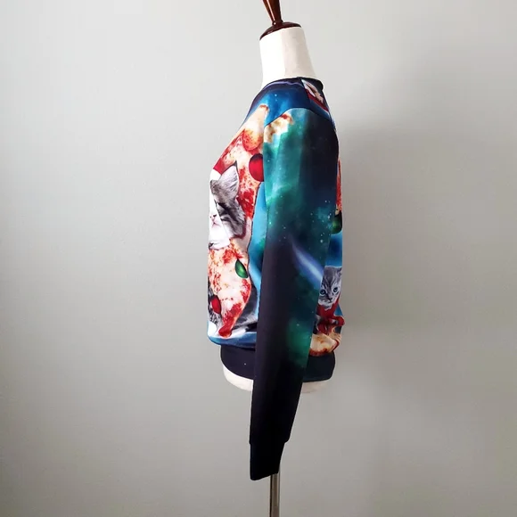 Cats & Pizza Blue Christmas Holiday Sweatshirt, Size Medium/ Large - Picture 3 of 12